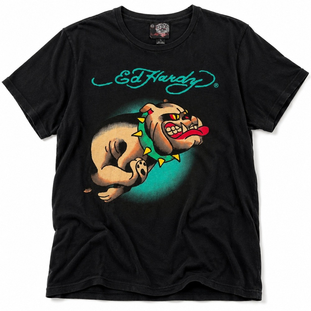Ed Hardy Bulldog T Shirt Black Tattoo Graphic Double Sided Made in USA Men's XXL